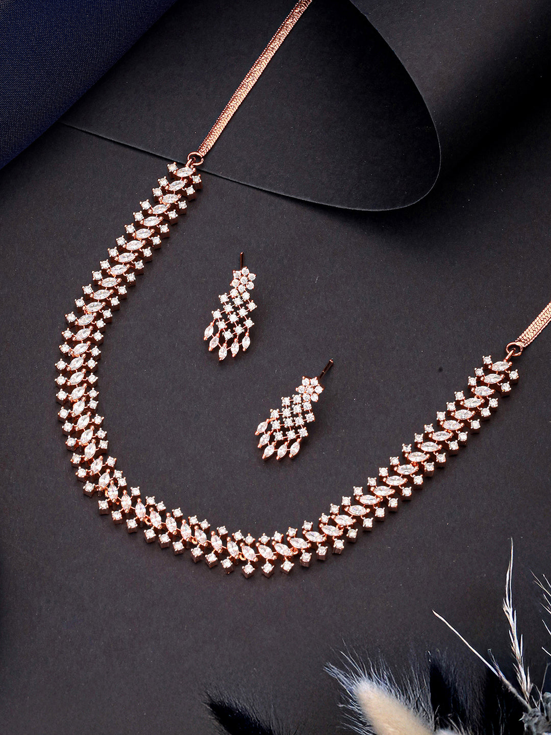 Rose Gold Plated Cubic Zircon Studded Statement Choker Necklace Jewellery Set